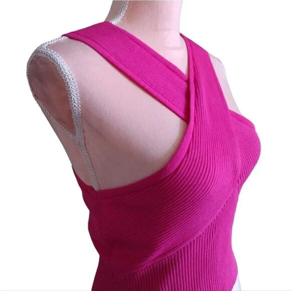 House of Harlow 1960 Hot Pink Ribbed Cross Over Halter Crop Top Large NWT - Picture 7 of 17